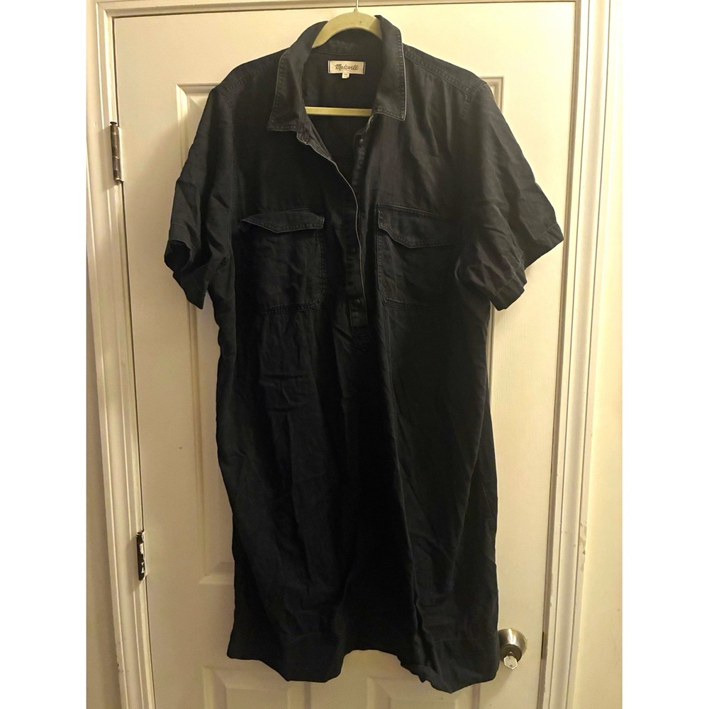 Madewell Black Solid Shirt Dress 3X Short Sleeve Button Front Collared Pockets